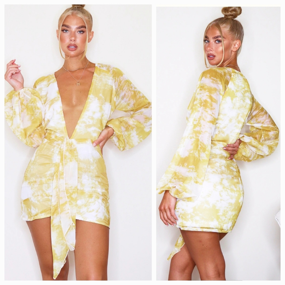 PrettyLittle Thing Chartreuse Tie Dye Chiffon Long Sleeve Bodycon Dress Size 6 - Picture 1 of 16